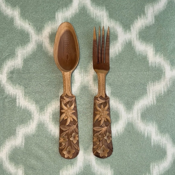Vintage Handcrafted Wooden Spoon and Fork Set from Black Forest region - Picture 1 of 8
